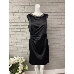 Eliza J Women Black Satin Embellished Neckline Side Ruched Sheath Dress Size 10